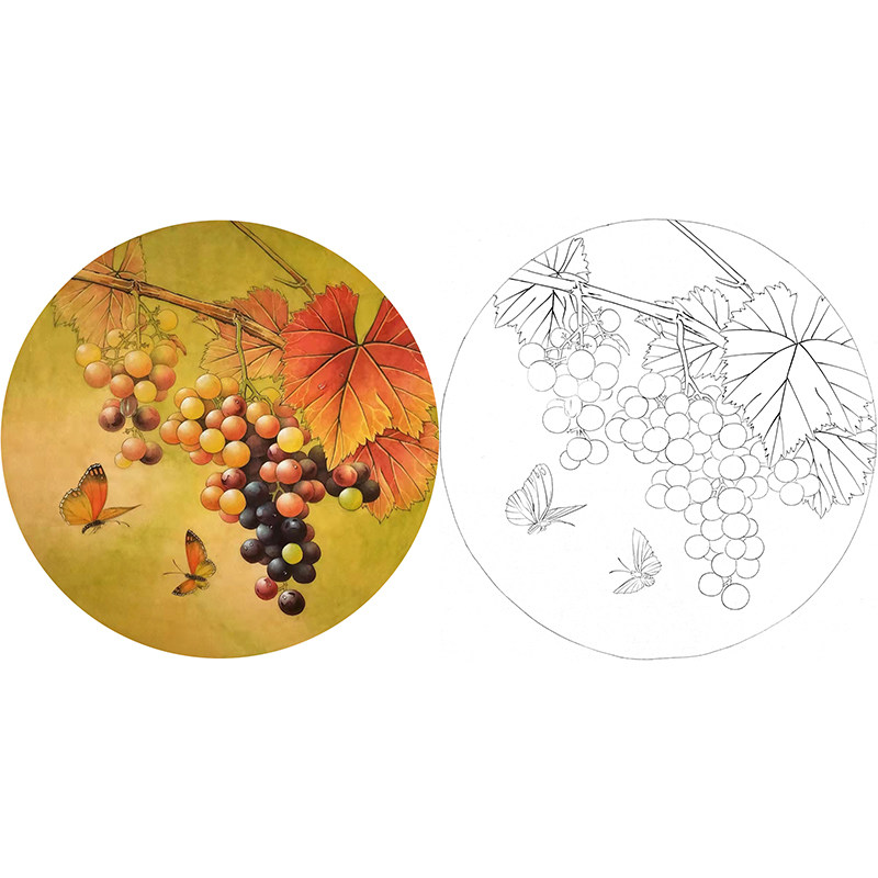 【有步骤】临衍达国画工笔画白描底稿小品葡萄《秋霞》打印线描稿