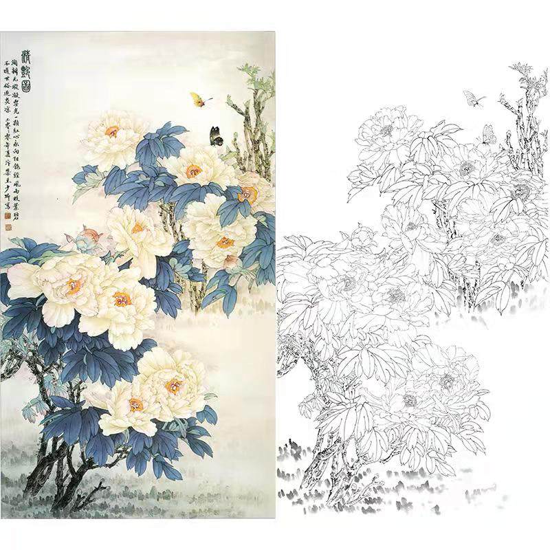 王少卿工笔画白描底稿花鸟国画三尺四尺竖幅牡丹《清艳图》打印稿