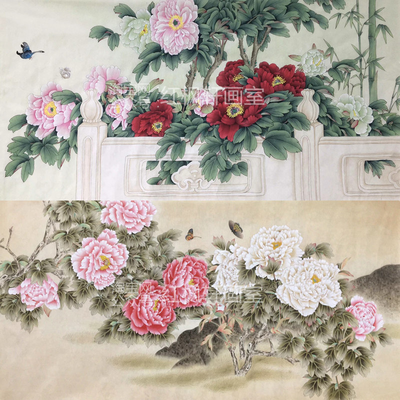 工笔画白描底稿四尺横幅牡丹仙鹤锦鸡鸳鸯花鸟国画熟宣纸手绘画稿