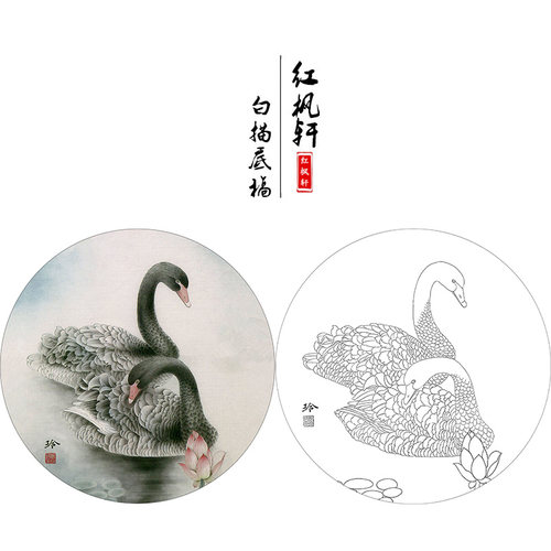 国画花鸟白描底稿团扇牡丹天香