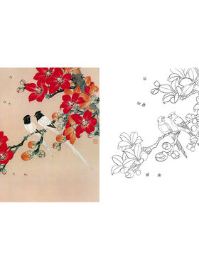 工笔画白描底稿小民花鸟相望