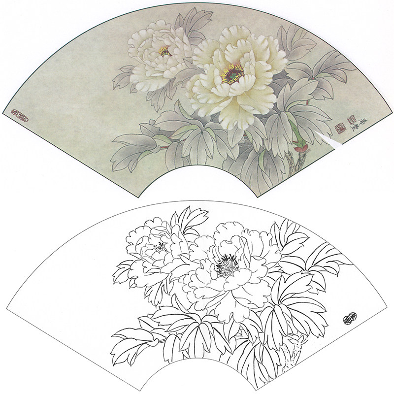 临田希丰花鸟扇形《圣洁天香》工笔画白描底稿牡丹国画线描打印稿