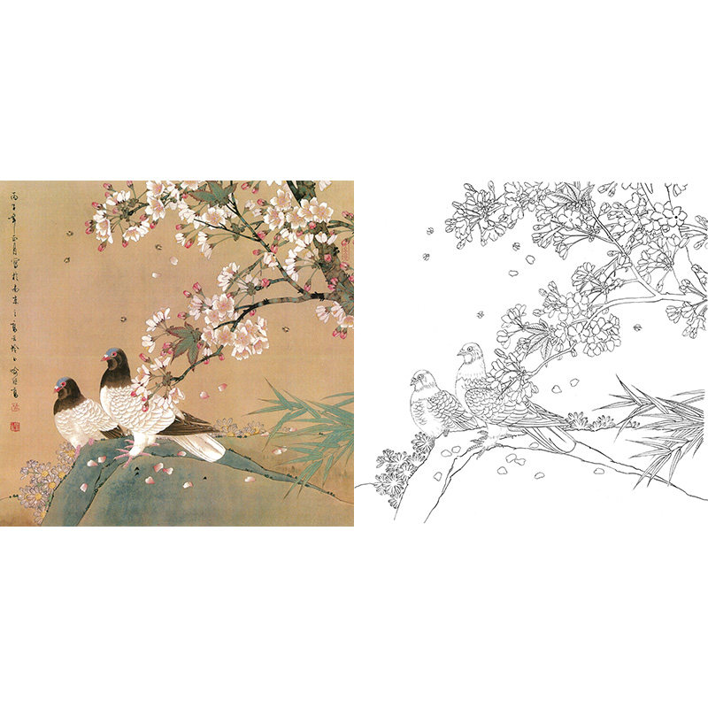 临喻继高工笔画白描底稿樱花双鸽初学花鸟国画练习高清打印实物稿