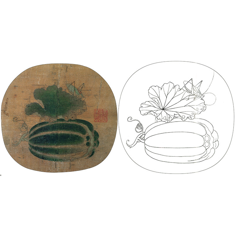 临宋佚名《草虫瓜实图》花鸟国画小品初学者工笔画白描底稿有步骤