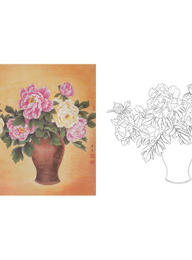 临田希丰工笔画白描底稿博古花瓶牡丹花鸟国画初学练习线描打印稿
