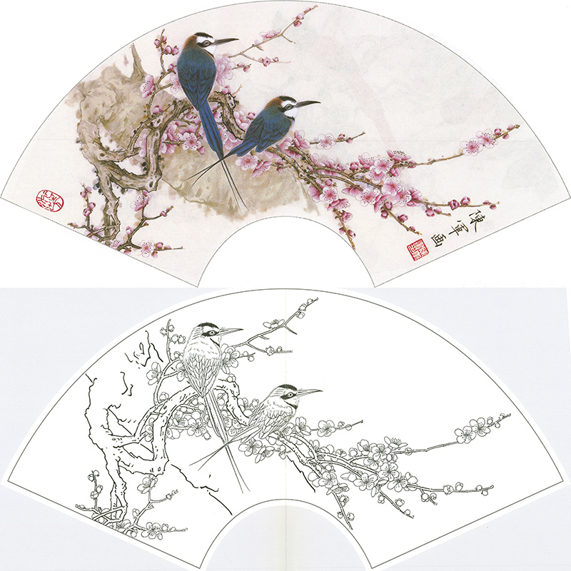 陈军工笔画扇面花鸟小品梅花蜂虎鸟《幽幽含香》国画线描白描底稿