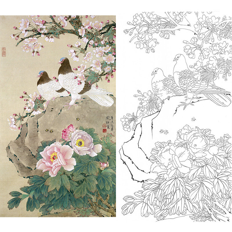 花鸟工笔画白描底稿喻继高国画牡丹樱花双鸽《春和日丽》高清底稿
