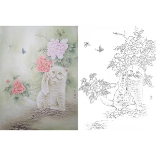 工笔画白描底稿李保山《富貴耄耋》小猫动物国画线描学习临摹透稿