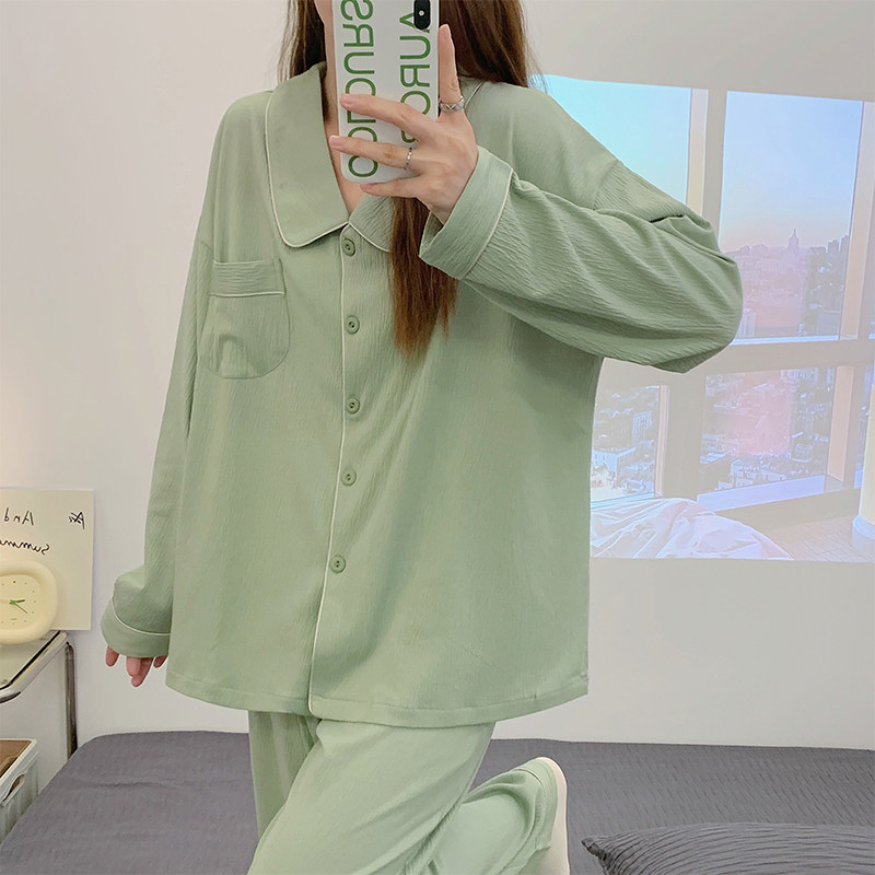 睡衣女春秋季长袖2022年新款纯色夏天薄款家居服针织棉质两件套装