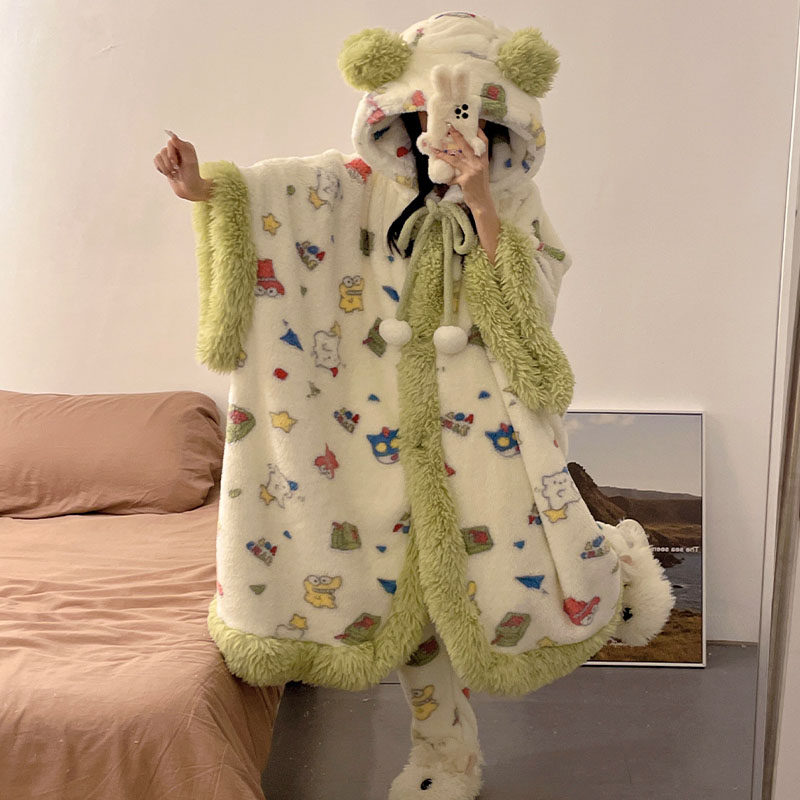 蜡笔小新珊瑚绒睡袍女斗篷秋冬季2024新款加绒加厚睡衣冬天家居服