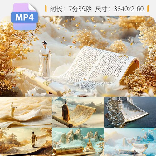 高清中国风东方美学山水玉雕画卷宋词唐墨画传统文化雅士视频素材