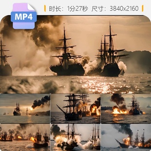 高清古代近代海战视频船起原创火冒烟战斗激烈场景视频素材