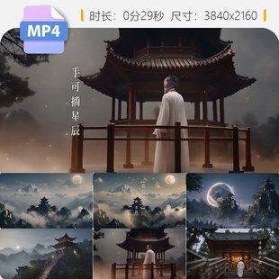 高清李白夜宿山寺危楼摘星辰恐惊天人古风建筑月亮阶梯视频素材
