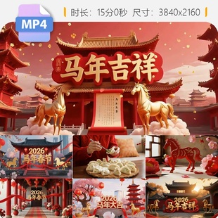 高清2026马年春节福字灯笼拜年红包金马送福中国结烟花梅视频素材