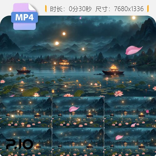 高清夏夜荷花池超宽场景水墨湖面萤火虫凉亭月亮小船视频素材