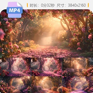 高清梦幻玫瑰花园欧式庭院红粉花丛全息投影魔法时空门童视频素材