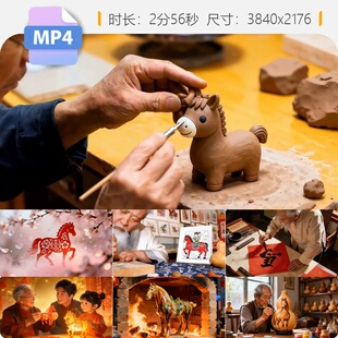 高清非遗马年春节剪纸走马灯书法画雕刻三彩刺绣马元素视频素材