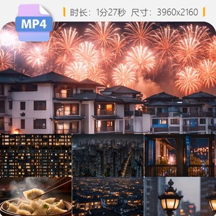 高清新年除夕团圆饭万家灯火小区夜晚居民亮楼房春节景视频素材