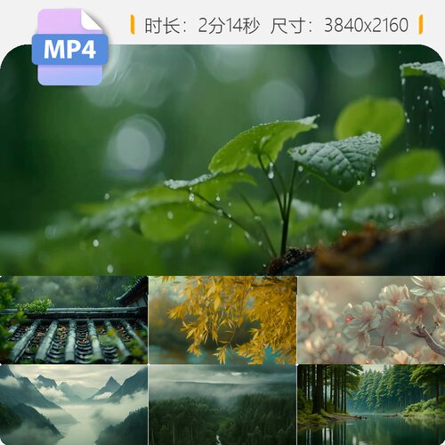 高清立春雨滴屋檐下雨发芽雨景万物生长春风自然绿意盎然视频素材