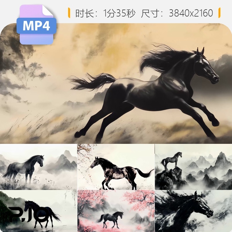 高清4K高帧率水墨马艺术奔腾匹宝万国画文化成功当先精选视频素材