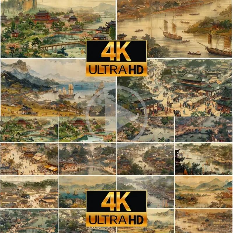 高清4K清明上河图三维动画北宋古风集市漕运贸易繁荣景象视频素材