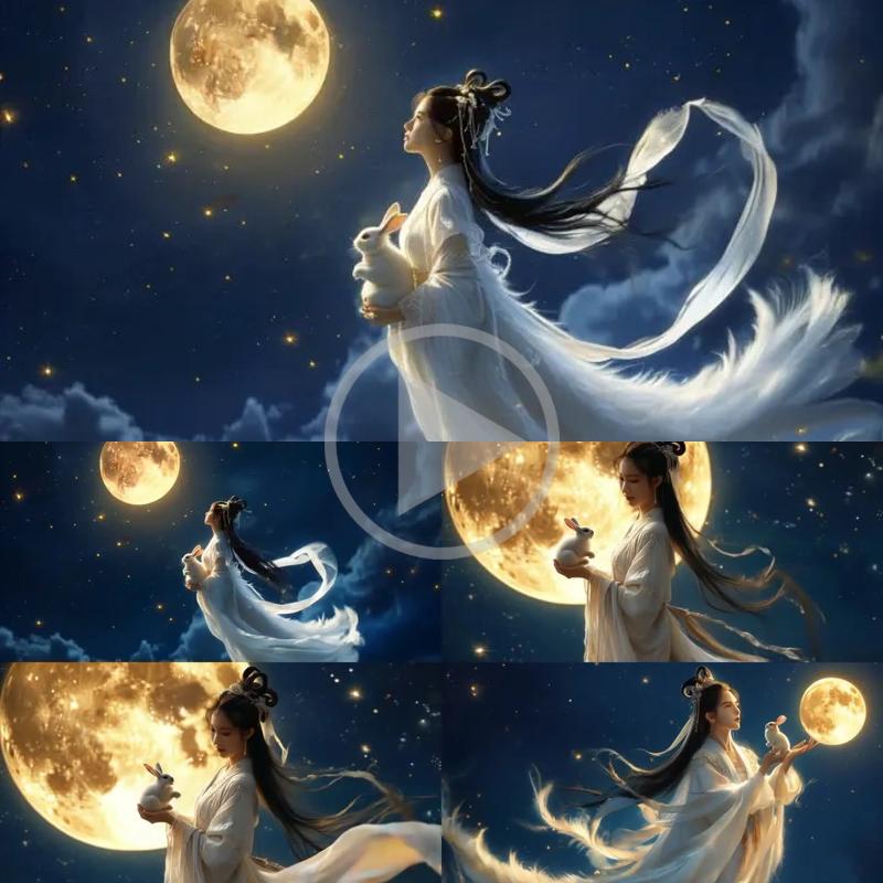 高清嫦娥奔月神话传说中秋玉兔仙女花好月圆古风背景视频素材