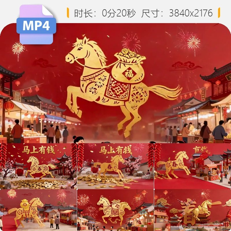 高清马年春节马上有钱动画素材金币福袋烟花集市庙会中国视频素材