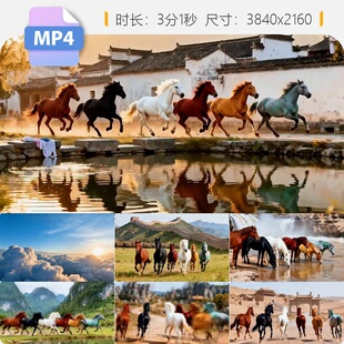 高清骏马奔腾瀑布山水古镇宫殿草原湖泊新春中国墨画视频素材