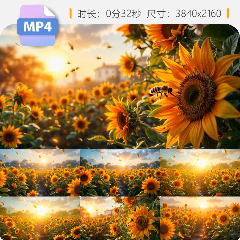高清梦幻向日葵花海夏天阳光田野蜜蜂蝴蝶特写空镜唯美园视频素材