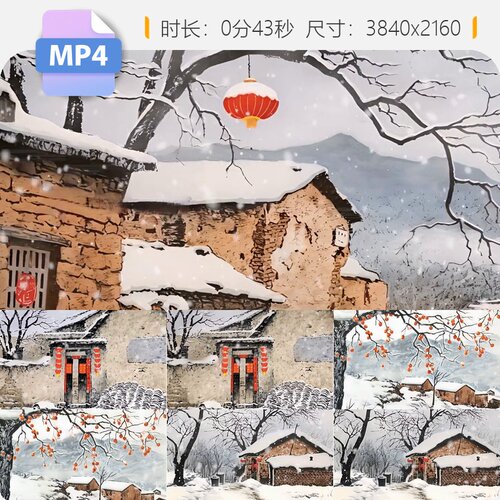 高清农村乡愁下雪过年水墨柿子树回忆童年旧时光春联灯笼视频素材