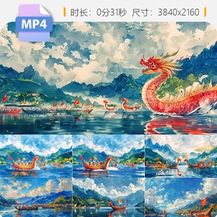 高清端午赛龙舟传统节日竞渡庆典漫画手绘趣味文化习俗视频素材