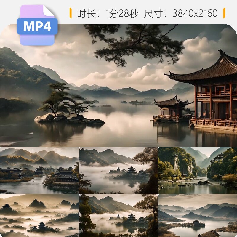 高清历史古风山水画意境文人墨客中国古建筑云海湖面动态视频素材