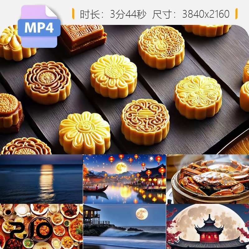 高清海上生明月中秋节大闸蟹团圆月饼城市夜景舞台背景视频素材