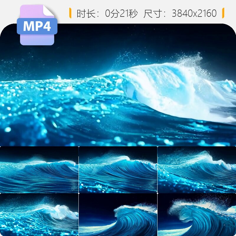高清粒子蓝色震撼巨大海浪冲击动态特效背景4K电影级实拍视频素材