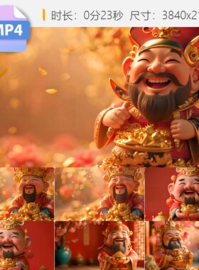 高清4K财神爷迎财神接财神3D动画春节喜庆新年红色传统视频素材
