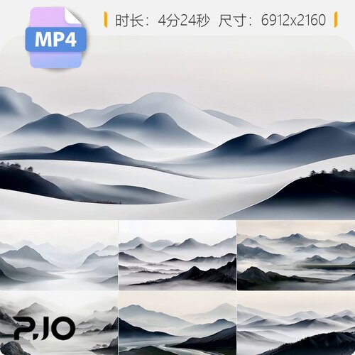 高清水墨山水国风禅意舞台背景云雾溪流松柏湖泊白鹤江南视频素材
