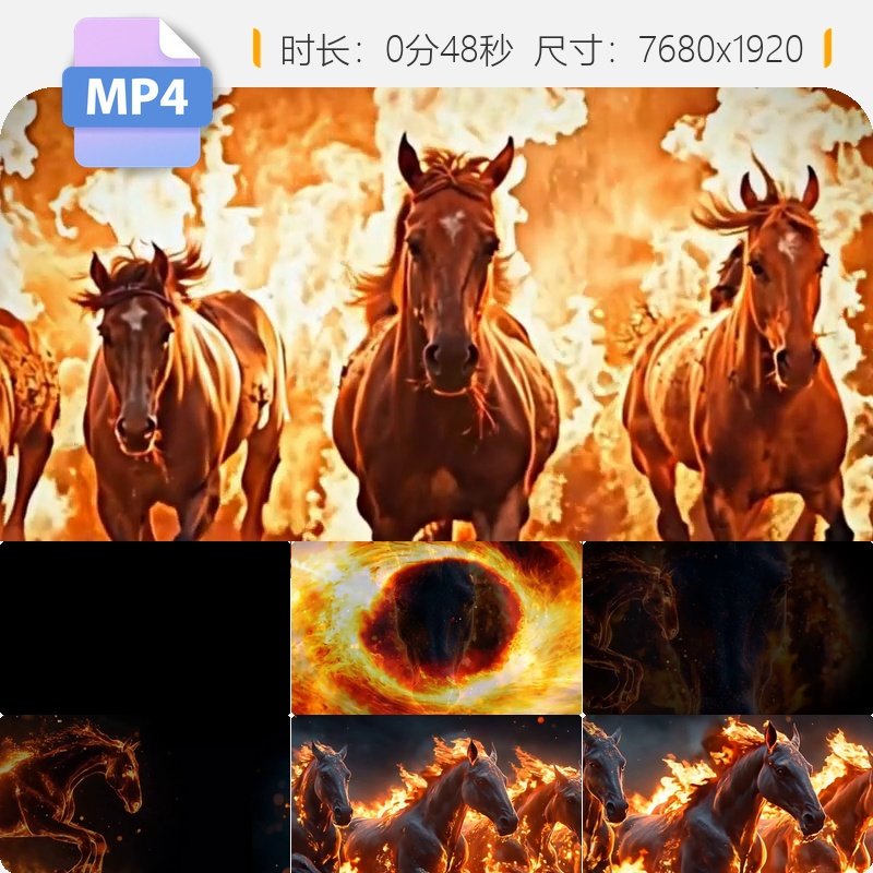 高清金色粒子马奔跑火焰战马万马奔腾超长屏大屏晚会视频素材