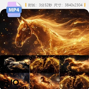 高清金色粒子骏马奔跑大屏背景晚会震撼特效粒子马群奔腾视频素材