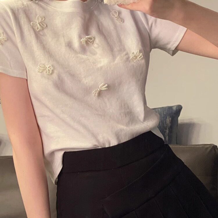 2024新款夏装网红蝴蝶结短款上衣修身显瘦白色圆领短袖T恤女ins潮