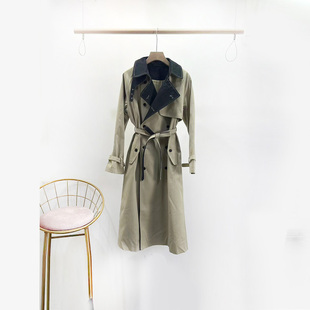 VANE时尚撞色领双排扣系带风衣2025冬装新款韩系中长款外套25991