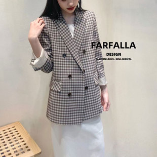 F.A法拉复古格子休闲西装女秋冬新款韩版宽松双排扣百搭西服外套