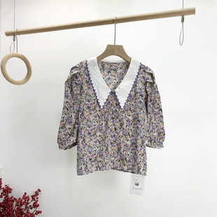 十三行精品女装时尚娃娃领碎花衬衫2025夏装新款宽松短袖百搭上衣