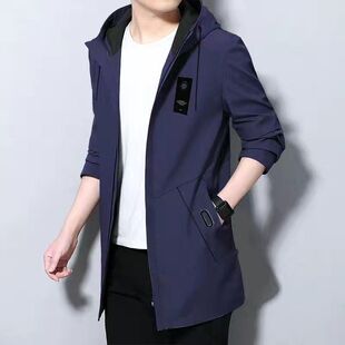 休闲风衣男士中长款外套秋冬季新款连帽加绒加厚夹克大衣青年男装