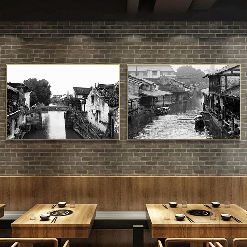 黑白老照片装饰画徽派建筑饭店餐厅包厢包间墙面挂画江南水乡怀旧图片