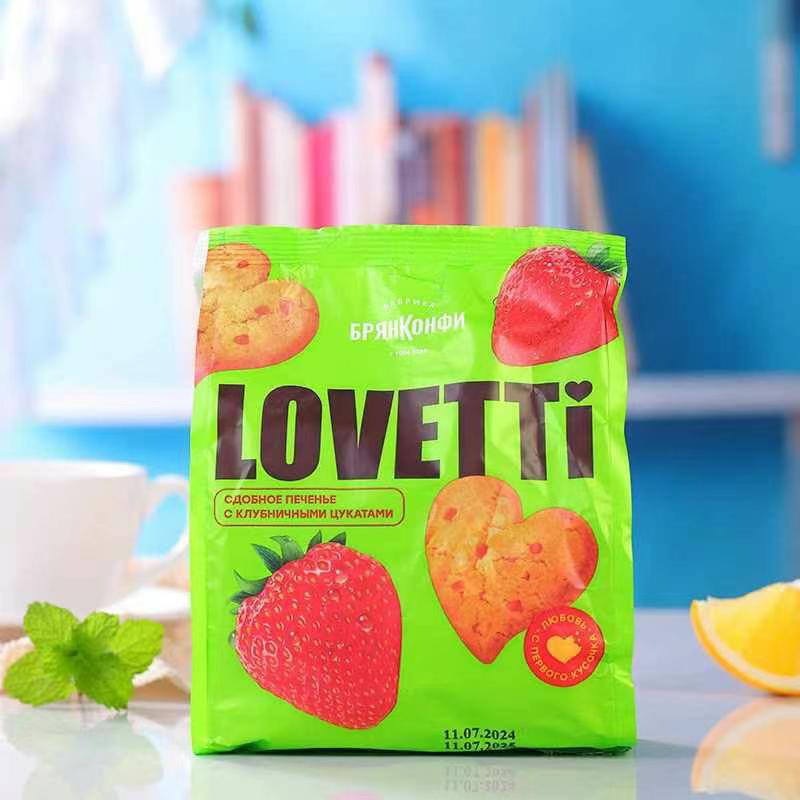 俄罗斯进口斯拉贡牌lovetti爱心曲奇果肉饼干椰子橙子草莓味200g