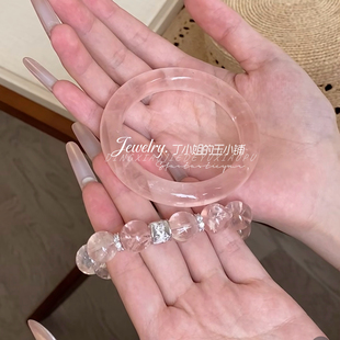 天然马料粉水晶手镯扁条送女友玉髓手镯樱花粉马达加斯加粉晶手镯