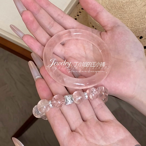 天然粉水晶手镯扁条玉髓手镯樱花粉马达加斯加粉晶手镯【单手镯】