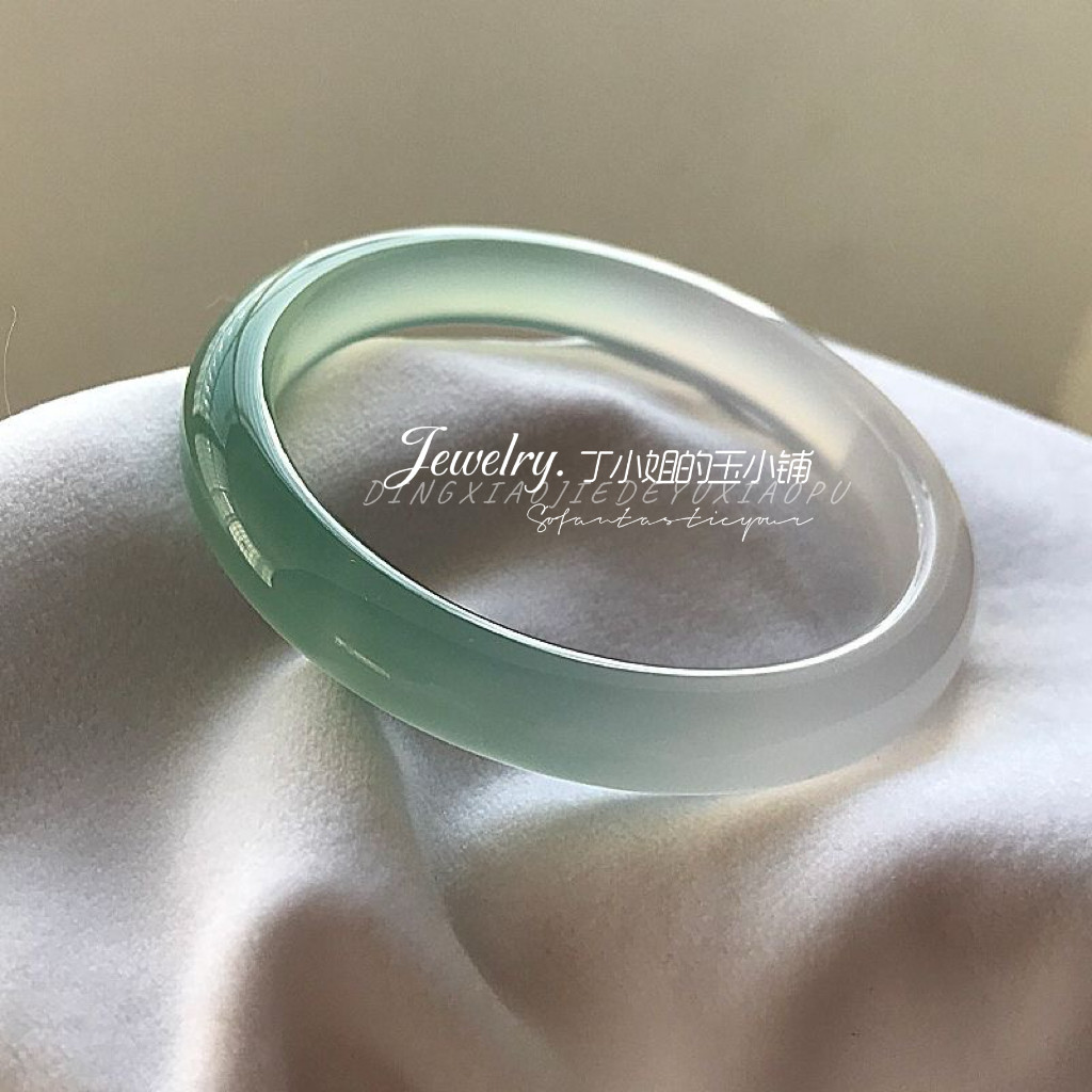 天然半山半水玛瑙手镯女款冰透油青扁条玉镯女冰种玉髓翡翠色镯子