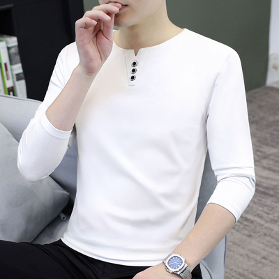 秋季纯棉小V领长袖t恤男装打底衫