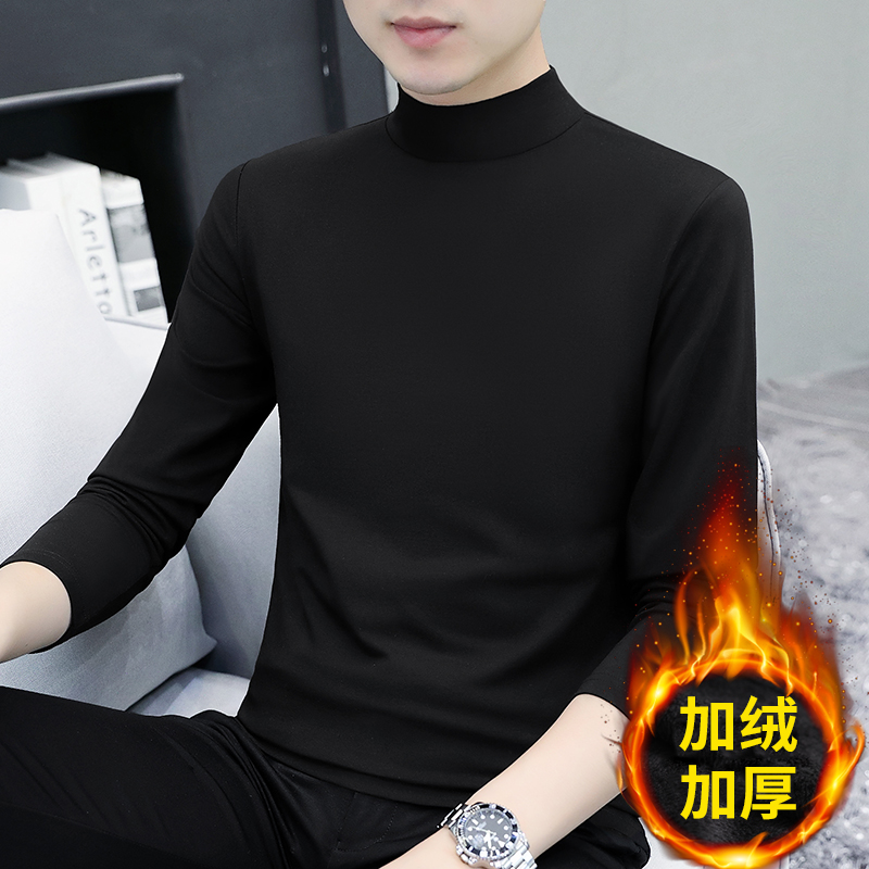 冬季加绒男士半高领长袖t恤上衣